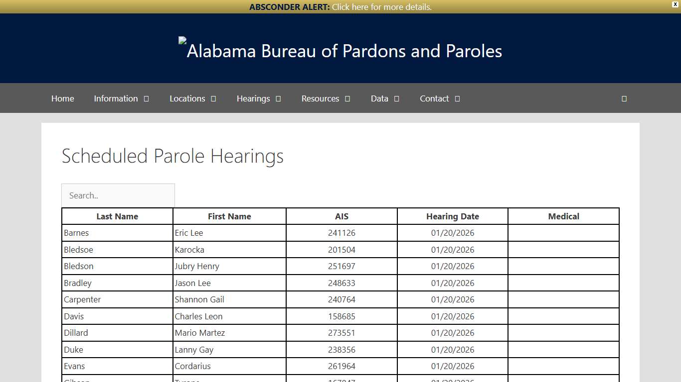 Scheduled Parole Hearings - Alabama Bureau of Pardons and Paroles